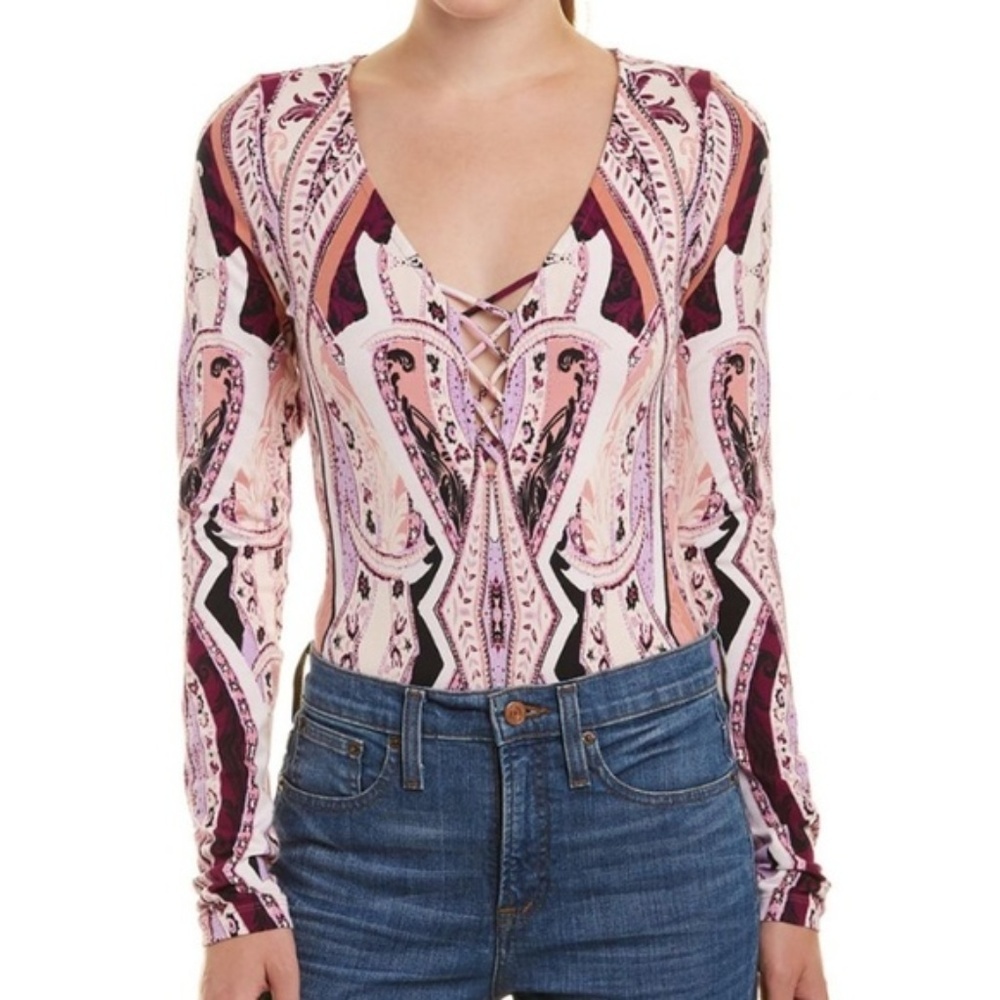 Free People women M Pick A Place bodysuit V-neck plunge crosslace festival Boho